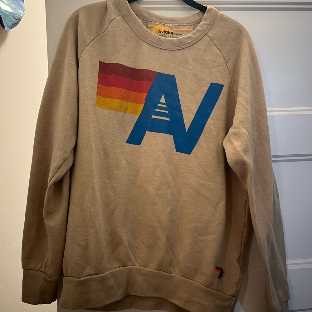 Aviator Nation Beige Sweatshirt with Rainbow Logo (Blue, Red, Orange, Yellow) - Picture 2 of 5